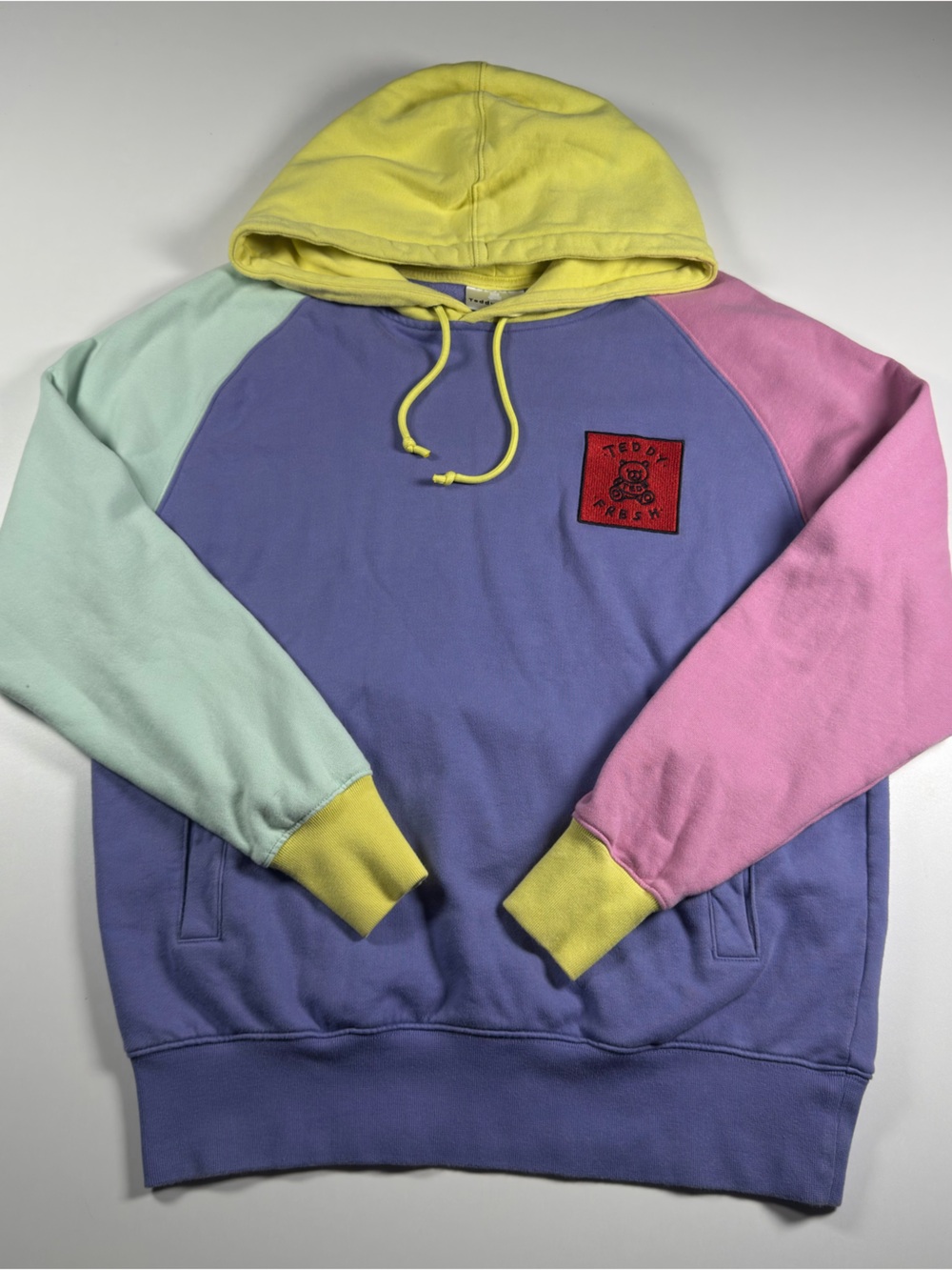 Teddy Fresh Lavender Yellow Mint & Pink Colour block Hoodie embroidered red logo